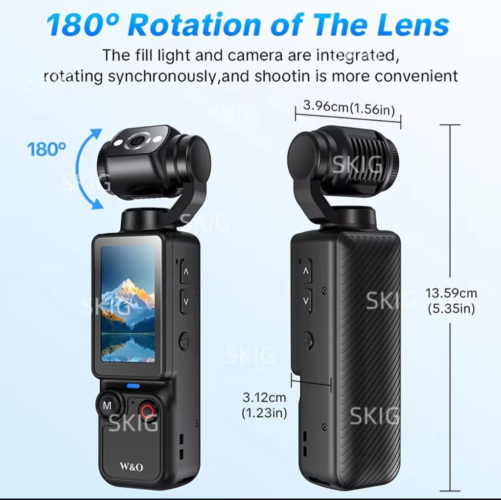 Compact 4K Camera with 180° Rotating Lens &amp; Built-in Light